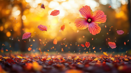 Colorful leaves swirl in the air around a blooming flower amidst a serene autumn setting.の素材