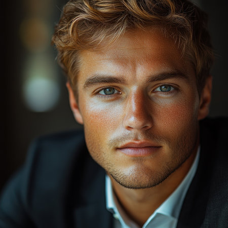 A young man with striking features poses confidently in a dimly lit room.の素材