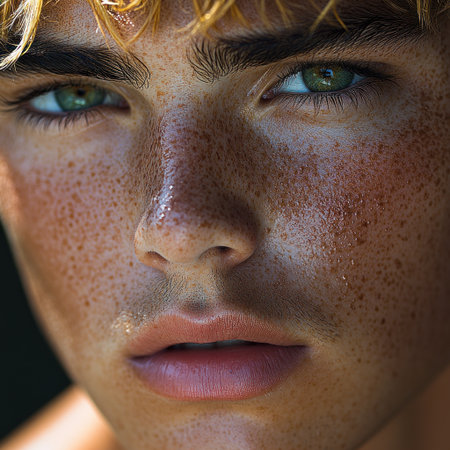 A close up of a youth with vibrant green eyes and unique freckles, radiating warmth.の素材