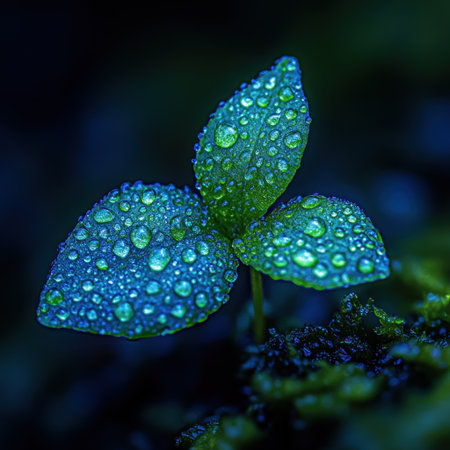 A small green plant with sparkling droplets rests on soft moss in morning light.の素材