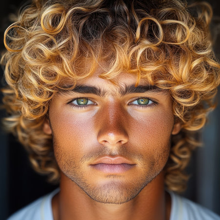 Confident young man with curly hair and captivating green eyes in a blurred background.の素材