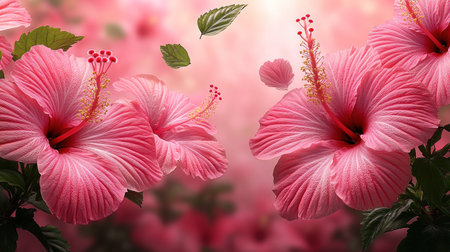 Pink hibiscus flowers bloom beautifully amid lush green leaves in spring.の素材