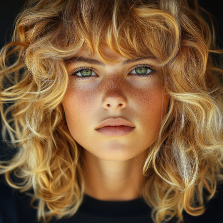 Young person with curly hair and striking green eyes gazes thoughtfully, exuding charm.の素材