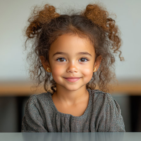 A joyful young girl with curly hair sits at a wooden table, sharing her bright smile.の素材