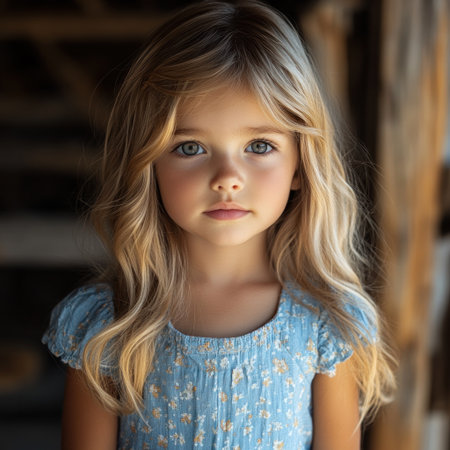 Charming young girl with golden hair and bright blue eyes stands in sunlight.の素材