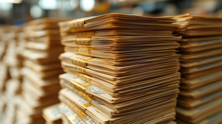 Neatly stacked currency notes fill the workspace, reflecting financial activity.の素材