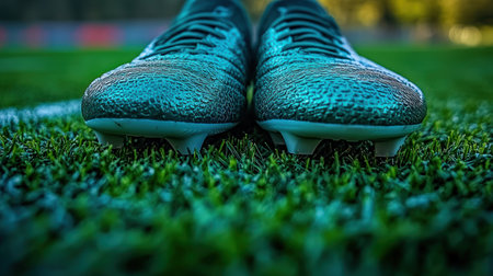 Soccer cleats sit on a lush green field, ready for action as players prepare to compete.の素材