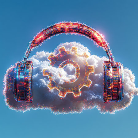 Colorful headphones and gear merge playfully above fluffy daytime clouds.の素材