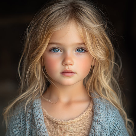 A child with blonde hair and blue eyes gazes softly, capturing hearts in natural light.の素材
