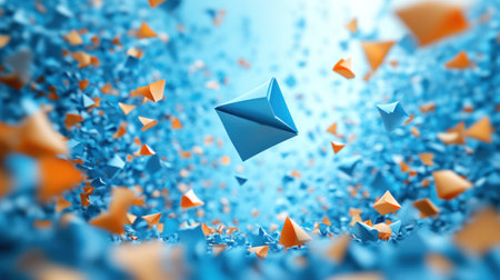 Small paper planes in blue and orange float through a vibrant and lively atmosphere.の素材