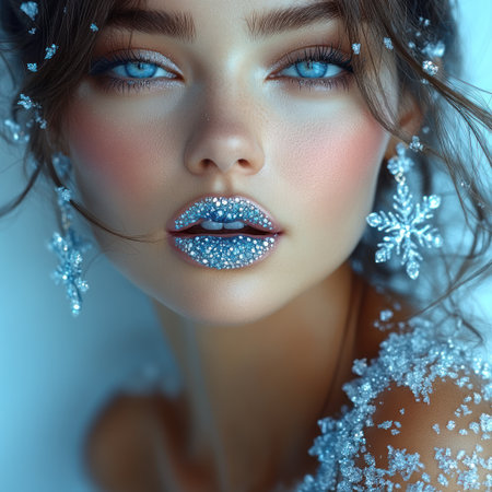 A stunning model showcases icy makeup and shimmering details, capturing winter's magic.の素材