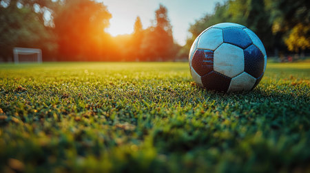 A soccer ball lies on green grass, glowing warmly in the sunset.の素材
