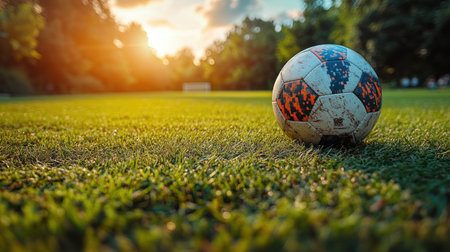 A soccer ball rests on green grass under a warm sunset glow.の素材
