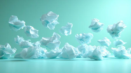 Crumpled paper floats playfully in a soft turquoise space.の素材
