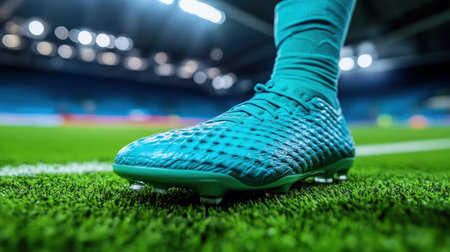 A soccer player is set for the game, sporting bright green cleans.の素材