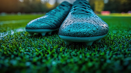 Morning dew covers bright soccer shoes, ready for the game on a fresh green field.の素材