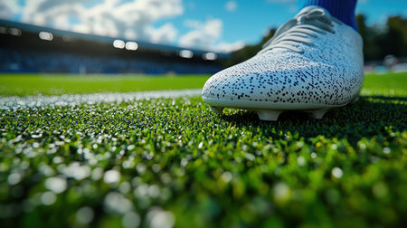 A soccer player gets ready on the field under clear blue skies and fresh grass.の素材