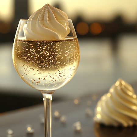 A refreshing sparkling beverage with fluffy cream rests on a table as the sun sets.の素材