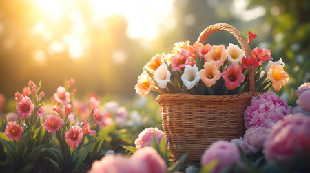 A woven basket holds vibrant flowers amidst lush blooms under warm sunlight.の素材