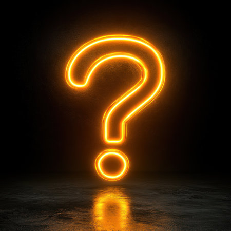 A striking neon question mark shines brightly in a dark environment, inviting intrigue.の素材