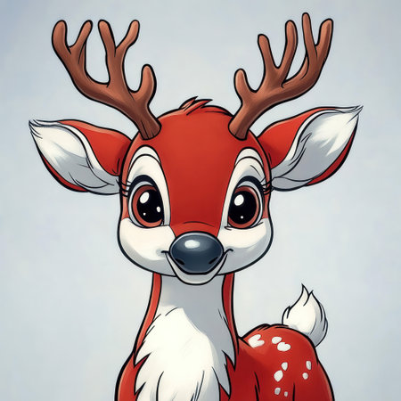 A cheerful cartoon deer with antlers in a vibrant, playful setting.の素材