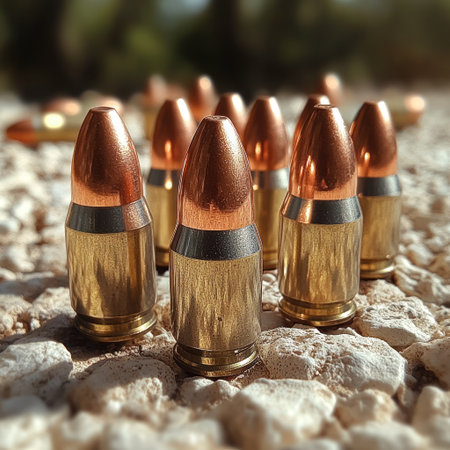 Shiny bullets gleam on gravel, highlighting their intricate details in the light.の素材