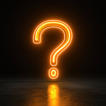 A vibrant neon question mark illuminates a dark space, creating an intriguing atmosphere.の素材