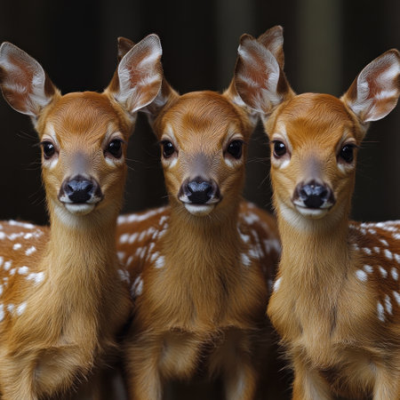 Three young fawns curiously gaze at their tree filled, softly lit surroundings.の素材