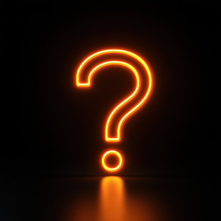 A glowing orange question mark stands prominently, casting reflections in a dim space.の素材