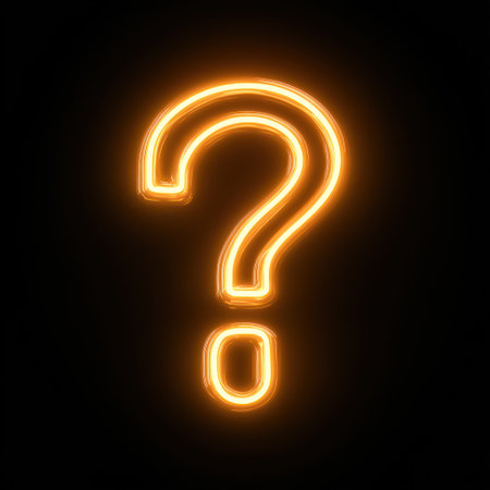 A neon question mark glows warmly in the dark, inviting thought and inquiry.の素材