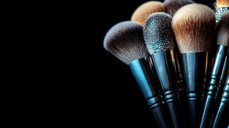 Crafting beauty with a collection of makeup brushes against a sleek black backdrop.の素材