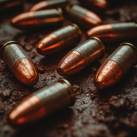 Copper tipped bullets with silver casings lay on rugged ground, creating an intense scene.の素材