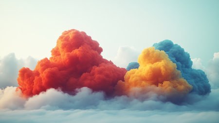 Bright red, yellow, and blue clouds rise above fluffy white clouds at sunset.の素材