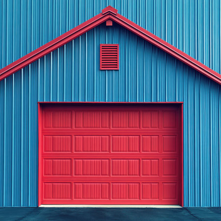 A blue structure with a red garage door creates a striking contrast.の素材