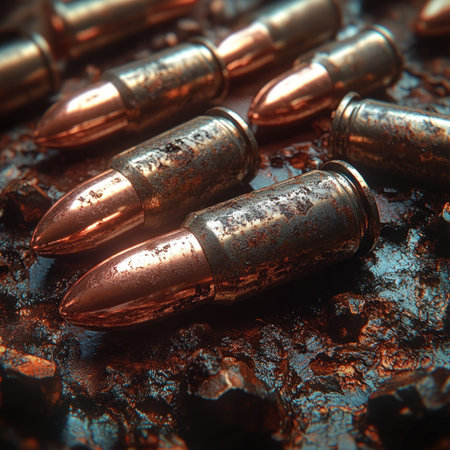 Metallic bullets scattered on rough ground, reflecting soft light with detail.の素材