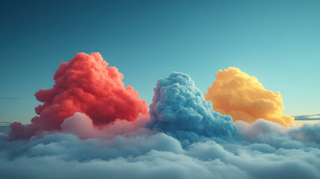 Vibrant clouds float amidst soft waves of misty white, creating a stunning sunrise scene.の素材