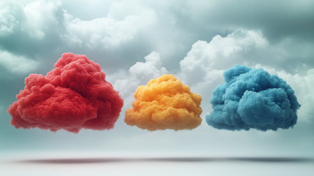 Three vibrant clouds in red, yellow, and blue hover against a soft, cloudy backdrop.の素材