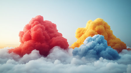 Bright clouds in shades of red, yellow, and blue float gently above white clouds at dusk.の素材