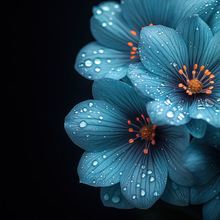 Delicate blue petals adorned with droplets shimmer softly in the light.の素材