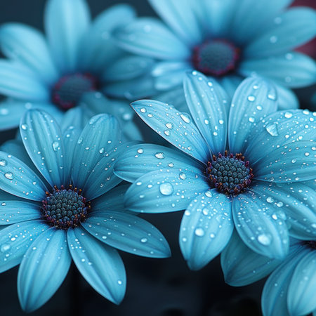 Beautiful blue blossoms adorned with water droplets create a tranquil garden scene.の素材