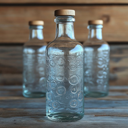 Three unique glass bottles with wooden tops elegantly rest on rustic wood.の素材