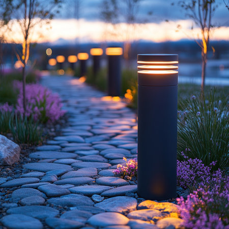 A calm walkway glows with warm lights as flowers bloom in twilight's embrace.の素材