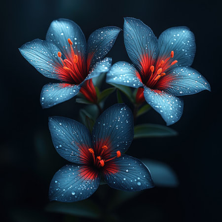 Three blue lilies bloom among dark green leaves, glistening with dew.の素材