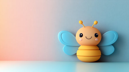 A friendly bee toy with a big smile and blue wings sits on a smooth surface.の素材