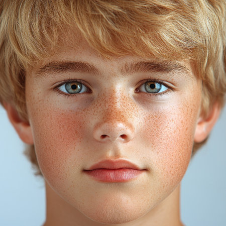 A freckled boy with light blonde hair gazes calmly at the camera.の素材