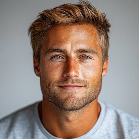 Young man with tousled blonde hair smiles warmly, creating a relaxed atmosphere.の素材