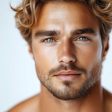 A young man with curly hair and a strong jawline exudes natural charm.の素材