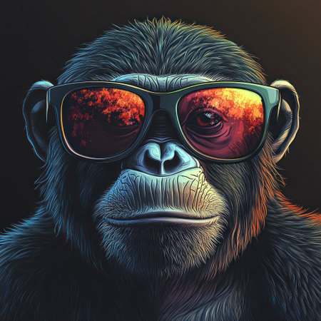 Gorilla sporting sunglasses poses confidently, radiating cool vibes in a colorful scene.の素材