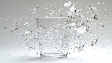 Glass fragments scatter dramatically, showing the energy of a sudden breakage.の素材