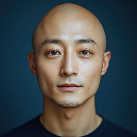 A man with a shaved head gazes thoughtfully, creating an engaging atmosphere of calm.の素材